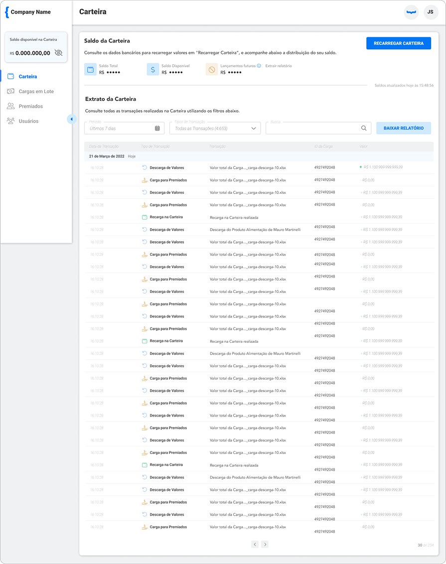 Bankly company panel showing wallet balance and full transaction statement