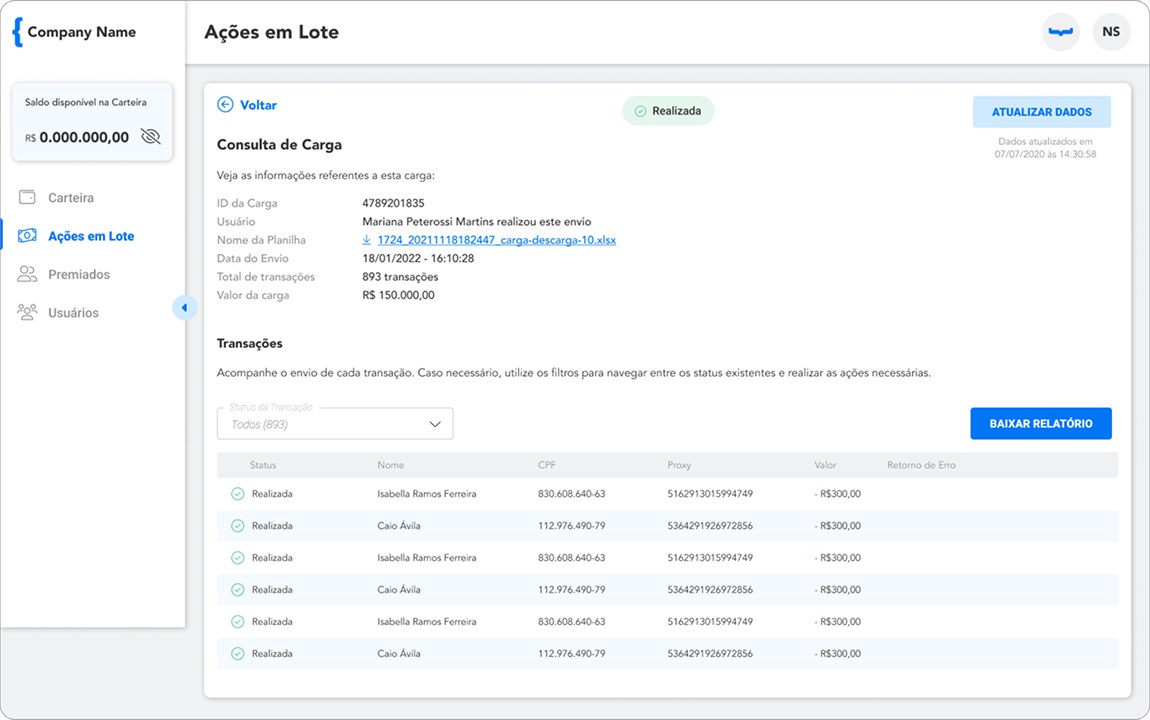 Bankly batch actions screen with transaction details and status