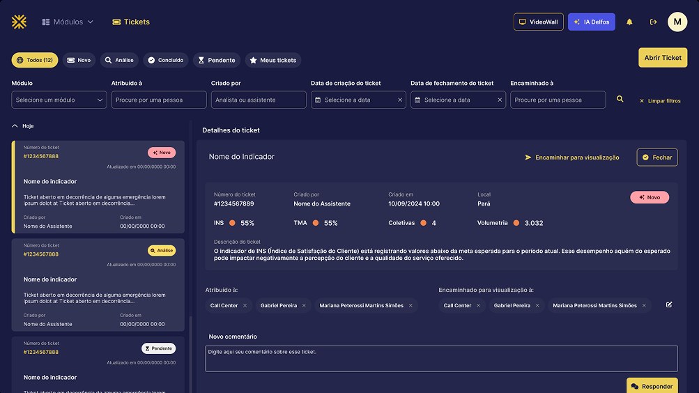 Delfos ticket management module with filters, ticket details and the IA Delfos assistant